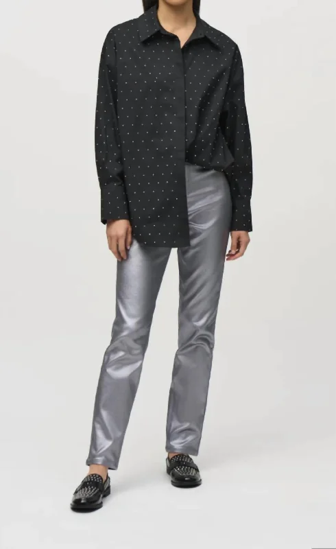 Subtle Sophistication Metallic Coated Denim Pants In Grey