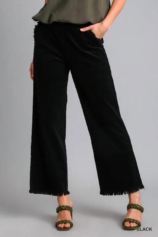 Huge Savings On Parisian Styles Wide Leg Pant With Elastic Waist, Pockets, And Frayed Hem In Black