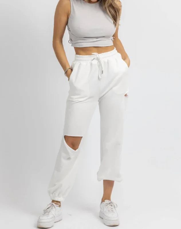 Hurry Before It's Gone Marble Ripped Drawstring Jogger In White