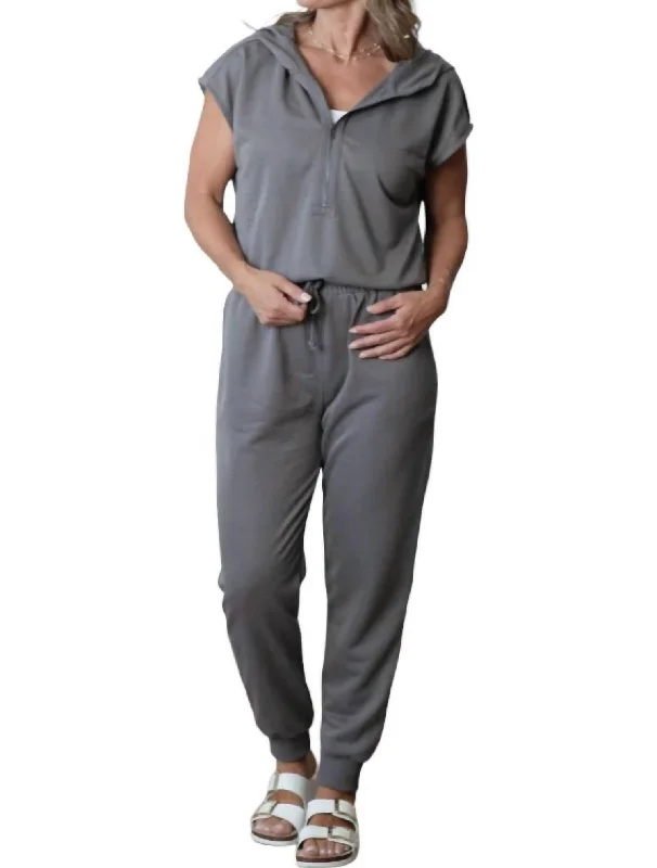 Limited Time Deal French Terry Hooded Jumpsuit In Charcoal