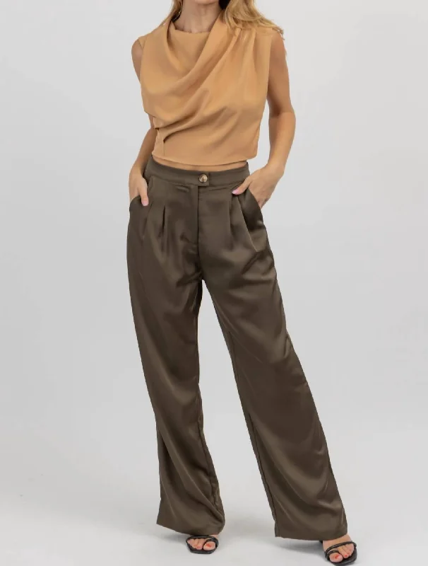 Evening Elegance Satin Wide Leg Pintuck Pant In Olive