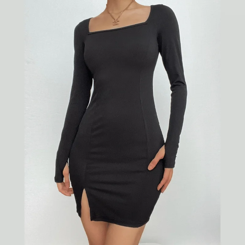 Best Seller BerryBetty - Ribbed solid square neck long sleeve gloves slit mini dress