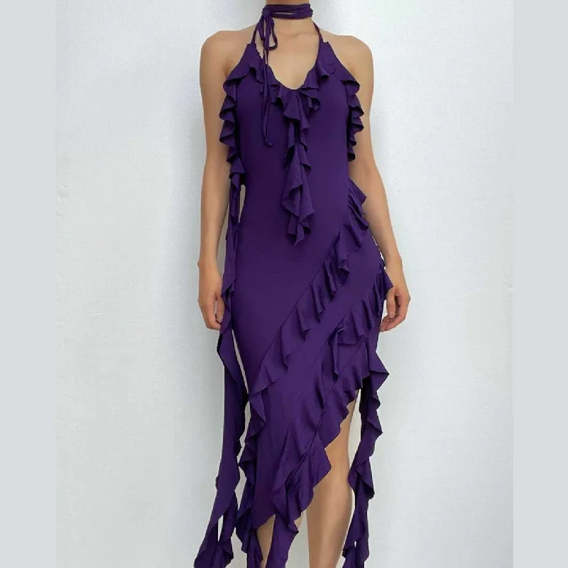 Innovate Your Wardrobe BerryBetty - Solid ruffle irregular halter backless self tie v neck maxi dress