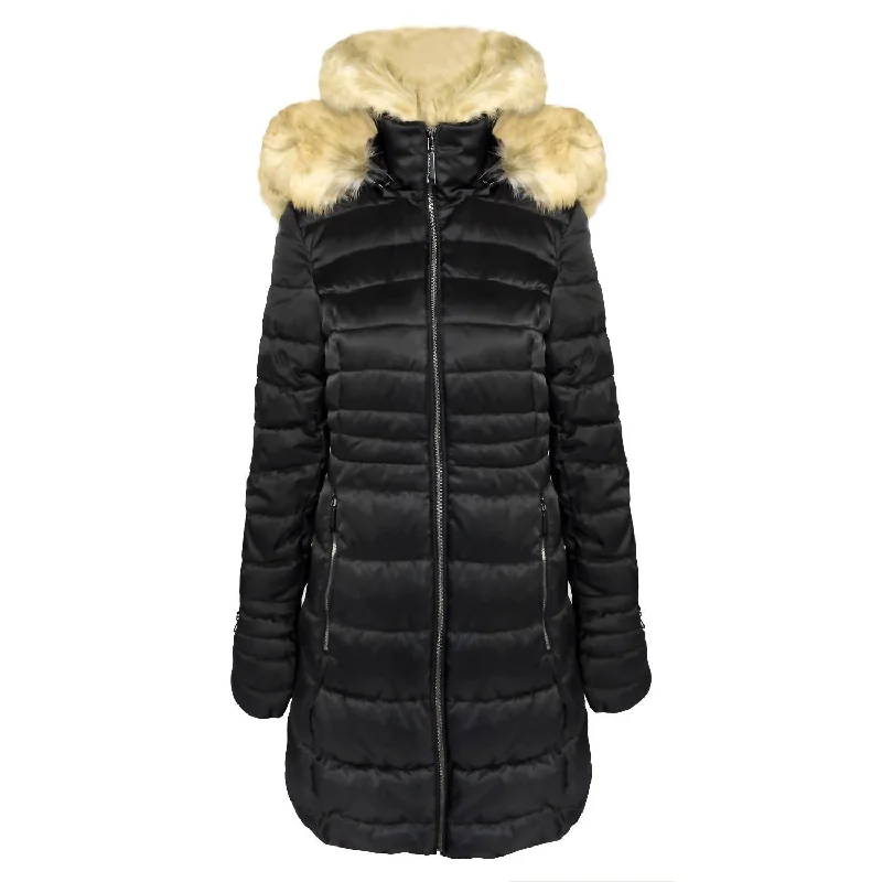 Best Seller Women's Quilted Faux Fur Hood Puffer Jacket Coat In Black