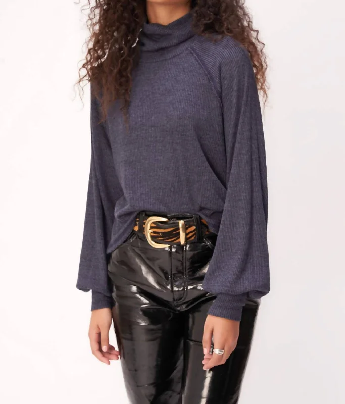 Trend Forward Threads More Love Marled Rib Turtleneck Top In Galaxy Blue