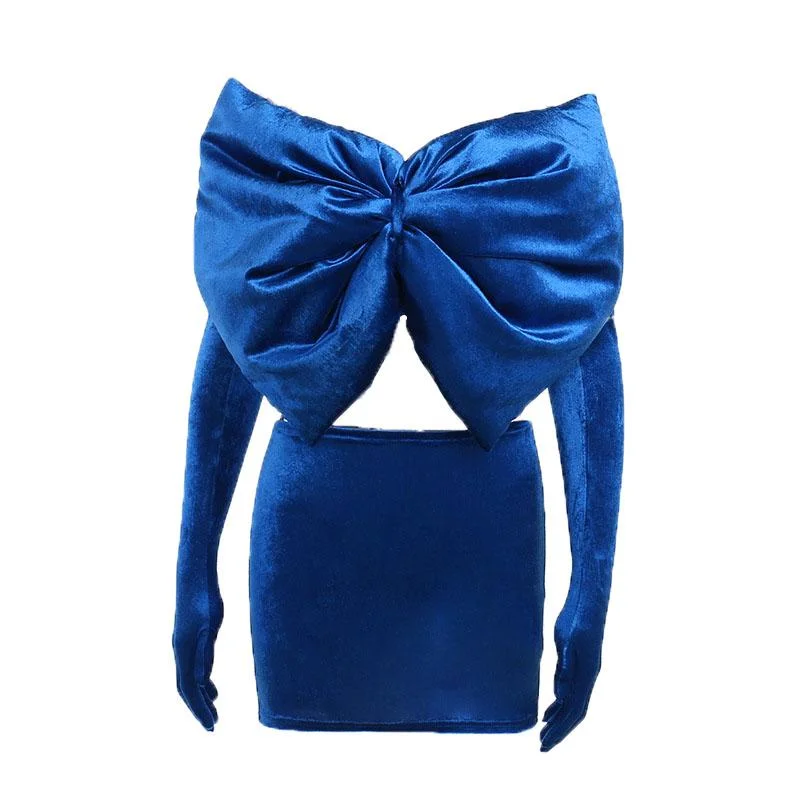 Additional Time-Limited Offers BerryBetty - Bowknot solid velvet gloves backless 2 piece tube skirt set