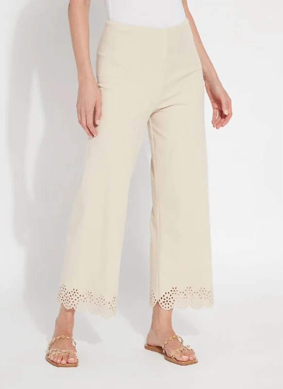 Relaxed Style Cropped Embroidered Eyelet Wide Leg Pant In Light Almond