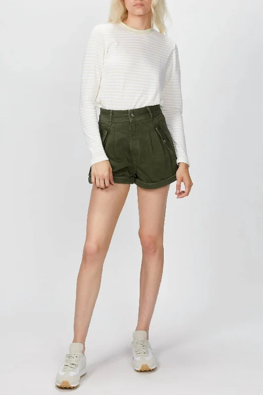 Laid-Back Elegance Stretch Linen Khaki Shorts In Army Green