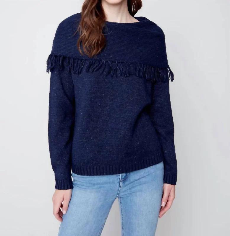 Signature Style Essentials Fringed Cowl Neck Sweater In Denim