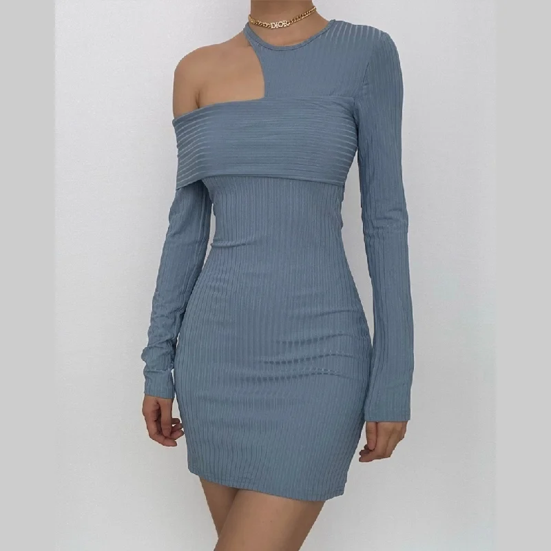 Limited Stock BerryBetty - Irregular off shoulder ribbed solid ribbed long sleeve mini dress