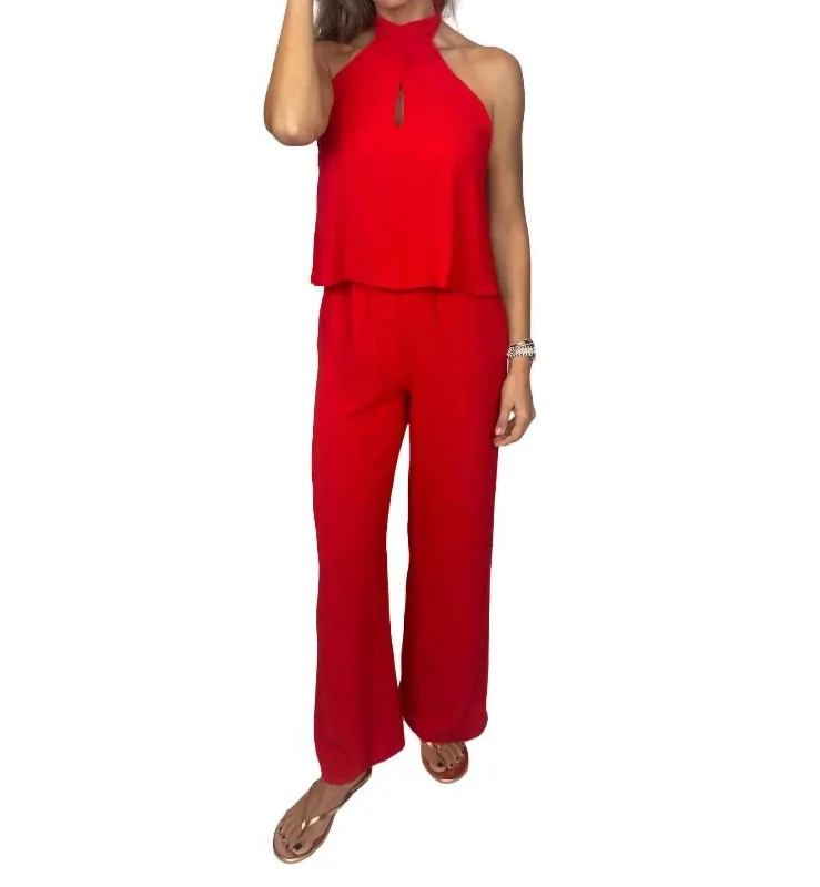 Stylish Savings Teardrop Keyhole Halter Jumpsuit In Red