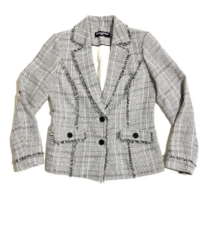 Sophisticated Cut Women's Bell Button Tweed Fringe Blazer In White, Black