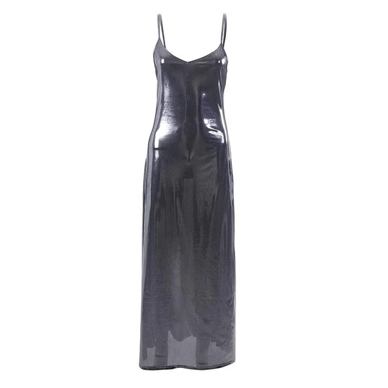 Seasonal Clearance BerryBetty - Metallic v neck backless solid low cut cami maxi dress