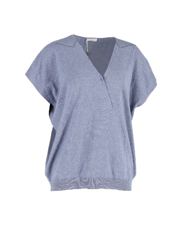 Celebrate With Big Savings Brunello Cucinelli V-Neck Monili-Trim Sweater in Blue Wool