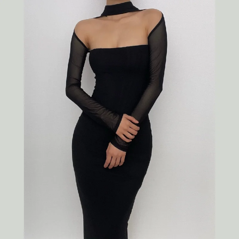 Discover Promotions BerryBetty - Solid halter mesh long sleeve zip-up hollow out midi dress