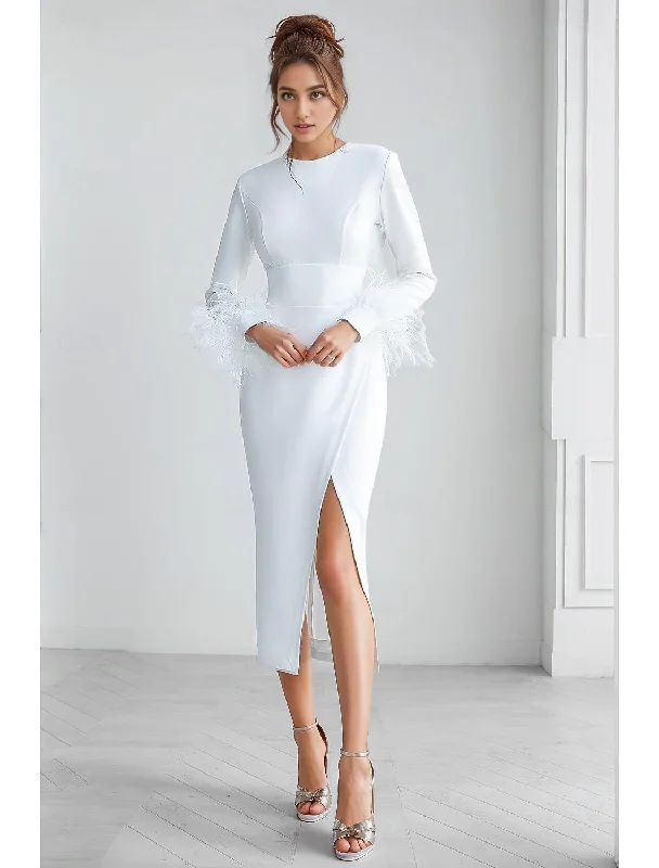 Ends Soon Fall November December Wedding Guest Dress Sheath / Column Elegant Dress Formal Wedding Tea Length Long Sleeve Jewel Neck Stretch Crepe Feather Autumn Winter Wedding Party Dress