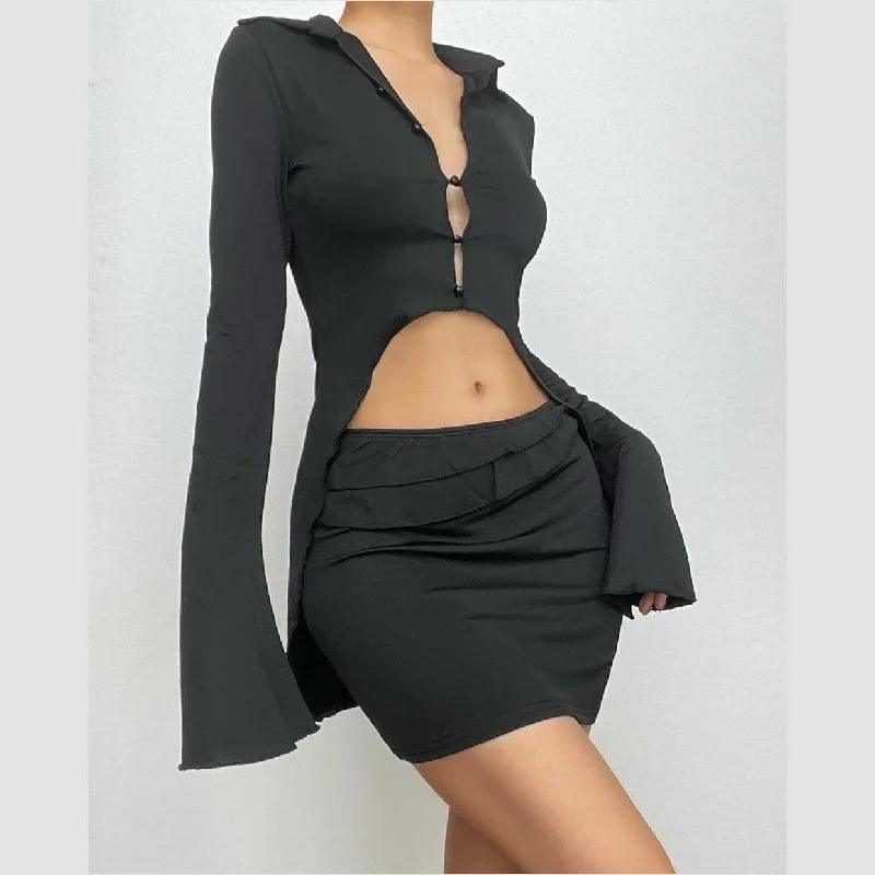 The Latest Trends BerryBetty - Turnover collar button flared sleeve ruffle mini skirt set