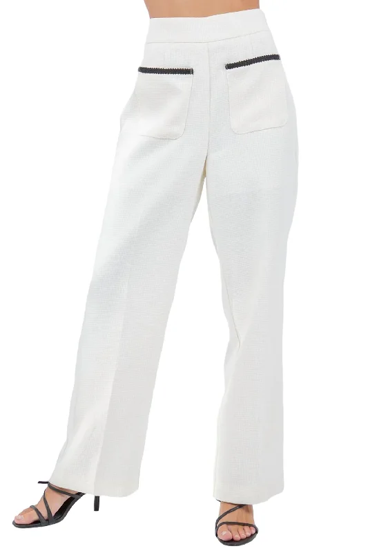 Vibrant Femme Fashion Contrast Trim Pants With Pocket Detail In Ivory