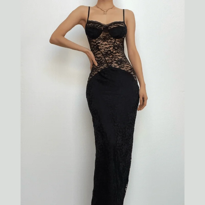 New Styles Just In BerryBetty - Button slit zip-up solid lace low cut maxi dress