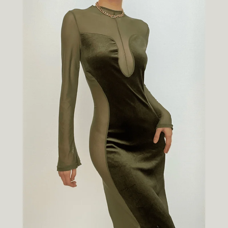 Trending Items BerryBetty - Long sleeve velvet mesh solid zip-up maxi dress