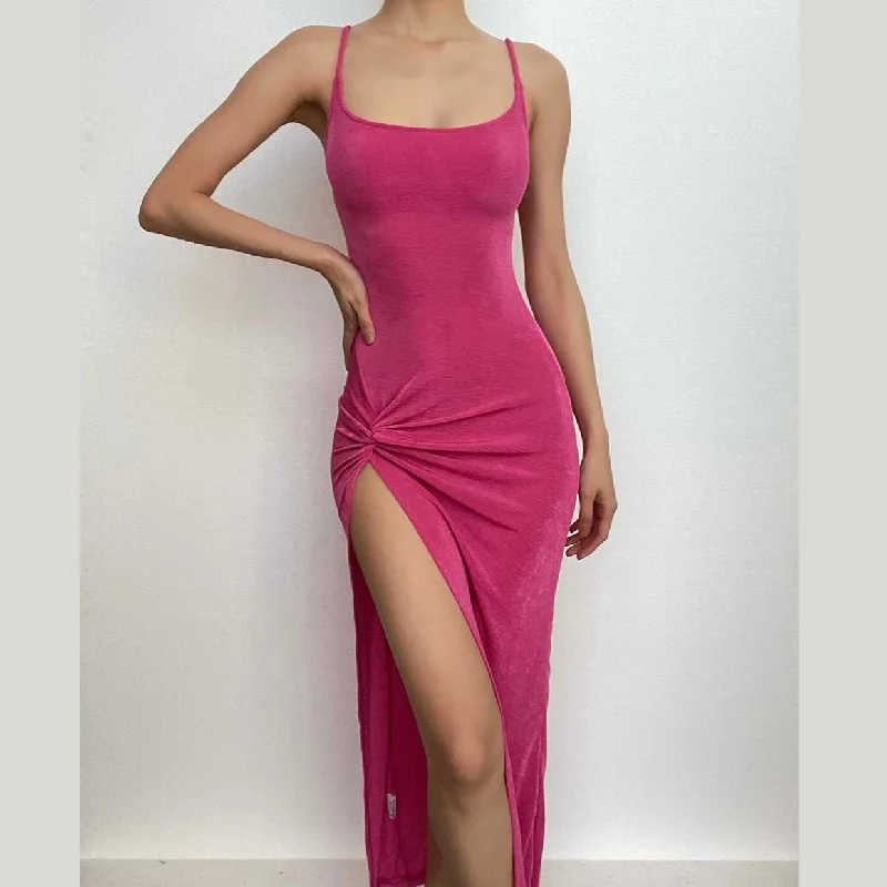 Style Revolution BerryBetty - Knotted u neck slit solid irregular backless cami midi dress