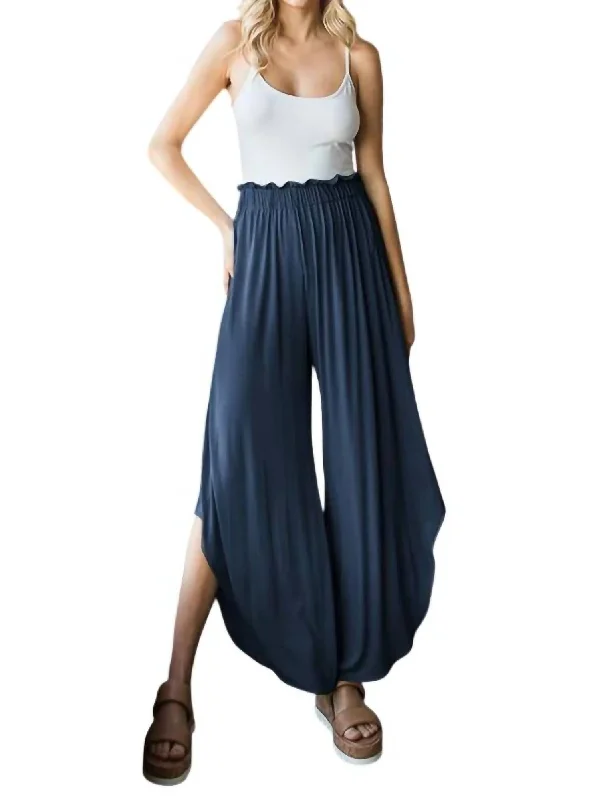 High End Fashion Full Size Frill Slit High Waist Wide Leg Pant - Plus In Navy