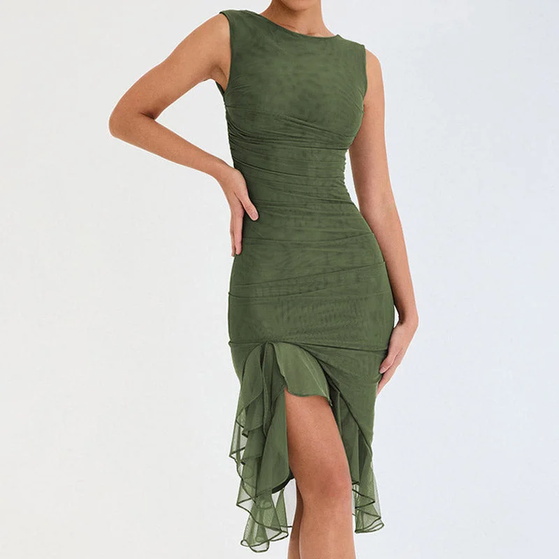 Massive Selection Sale BerryBetty - Ruched Crew Neck Sleeveless Bodycon Ruffle Cocktail Midi Dress - Army Green