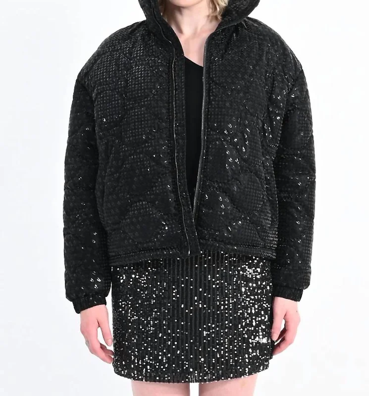 Limited Time Special Offer Puffer Down Jacket With Houndstooth Pattern In Black  Metallic