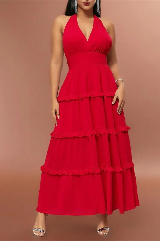 Feminine Flow Red Halter High-Waist Ruffle Maxi Dress