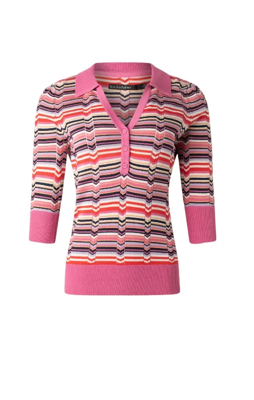 Hot Trends Women's V Neck Polo With Contrast Rib Sweater In Pink Multi