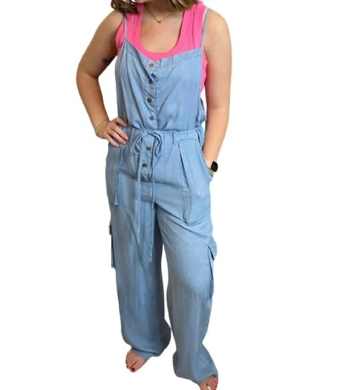 Nordic Minimalist Home Look Chambray Mineral Washed Jumpsuit In Blue