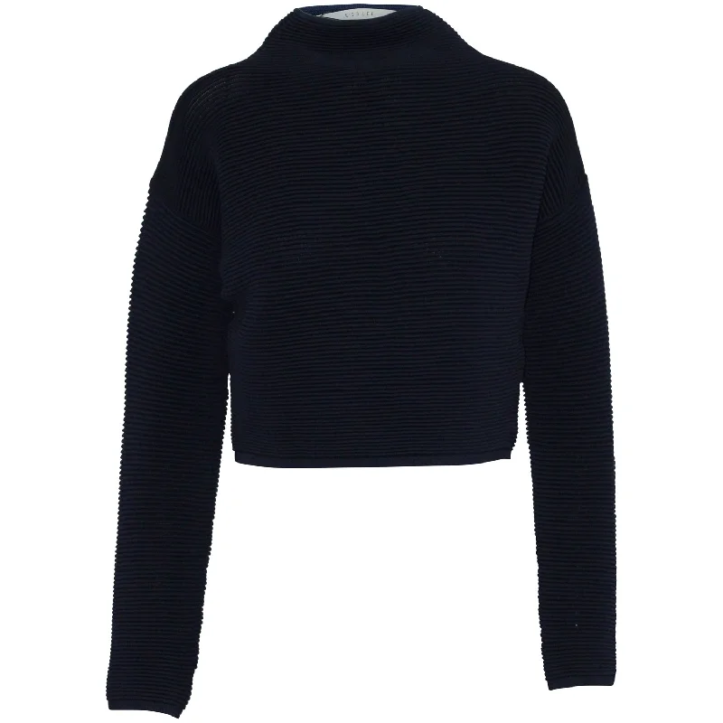 New In This Season Dion Lee Mock Neck Rib Knit Sweater in Navy Blue Viscose