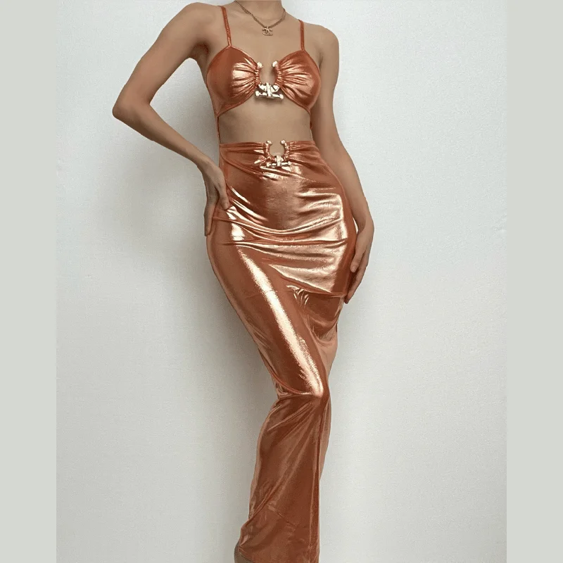 Fashion Forward Femme BerryBetty - Hollow out metallic ruched backless metal applique cami maxi dress