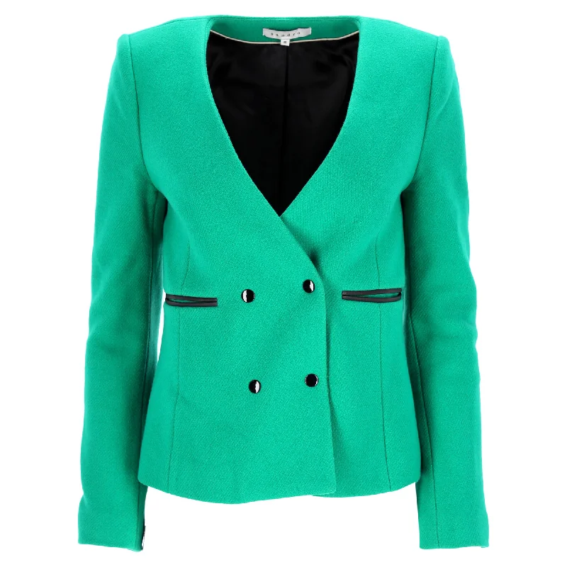 Stylish Looks Sandro Paris Double-Breasted Blazer with Pockets in Green Wool