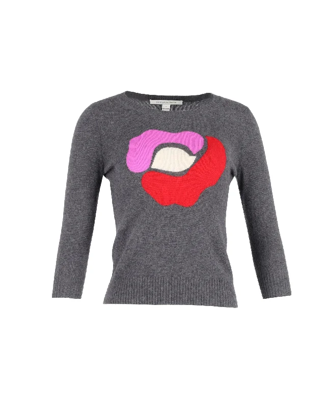 Luxe Women's Fashion Diane Von Furstenberg Floral Intarsia Sweater in Grey Cashmere