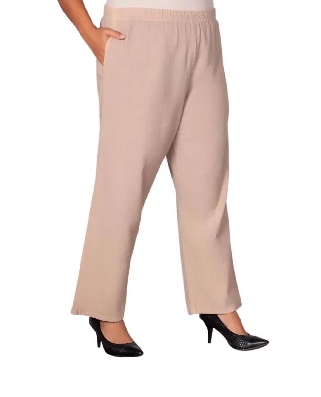 Pastel Styles Wide Leg Crinkle Cotton Pants - Plus In Tan