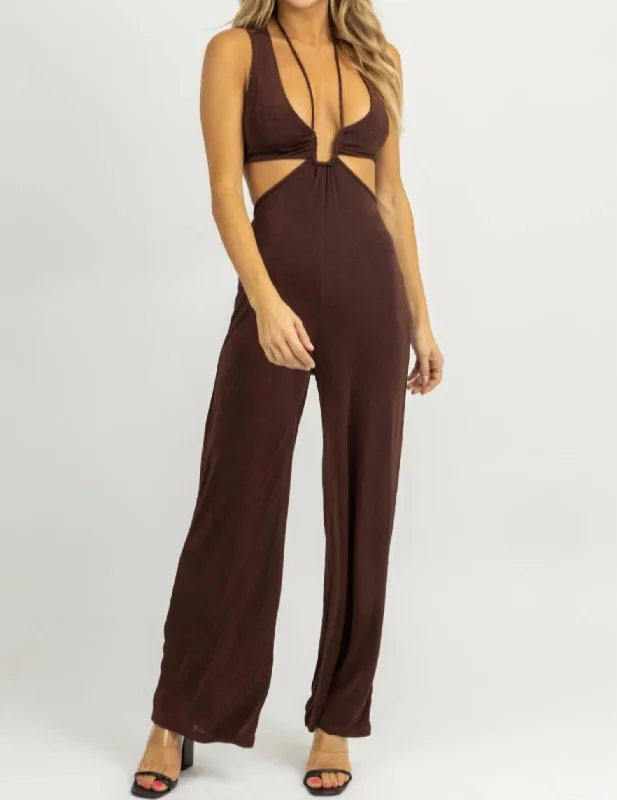 Exclusive Deals Online Halter Tie Sleeveless Jumpsuit In Chocolate