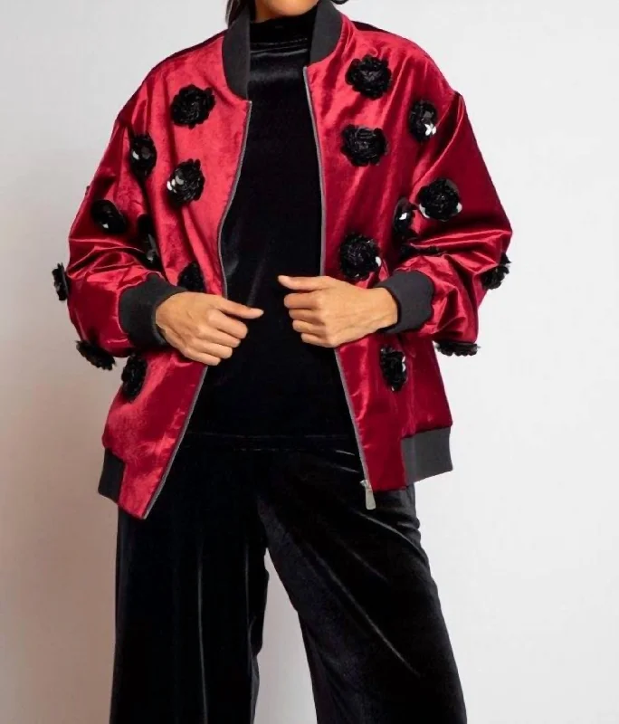 Wardrobe Essentials Velvet Floral Embroidered Bomber Jacket In Burgundy