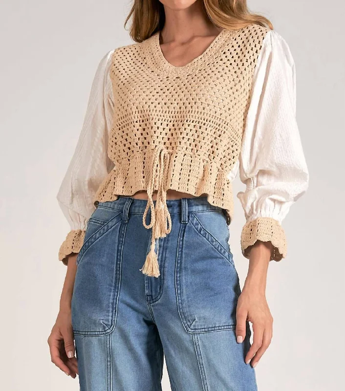 Holiday Attire Sale 3/4 Sleeve Crochet Yarn Top In Tan