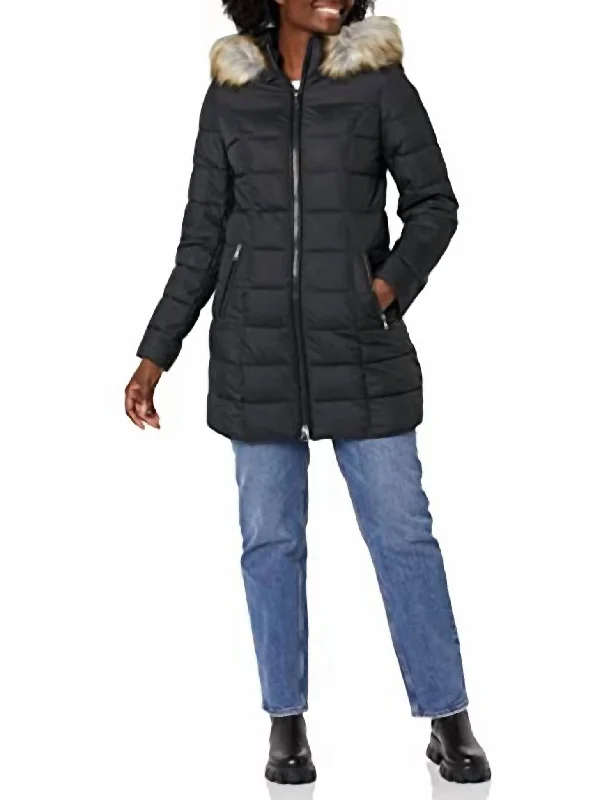 Evening Looks Women's Stretch 3/4 Puffer Jacket With Faux Fur Striped Hood In Black