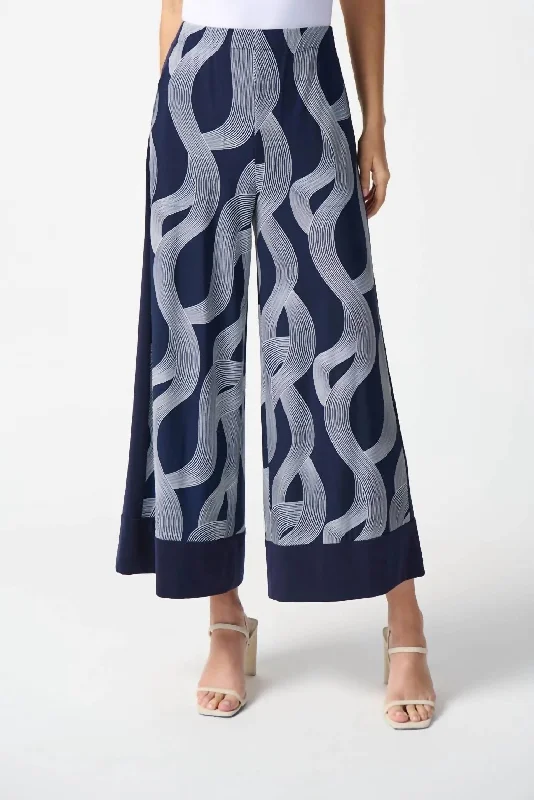 Colorful Clothing Abstract Print Wide-Leg Pant In Midnight Blue/vanilla