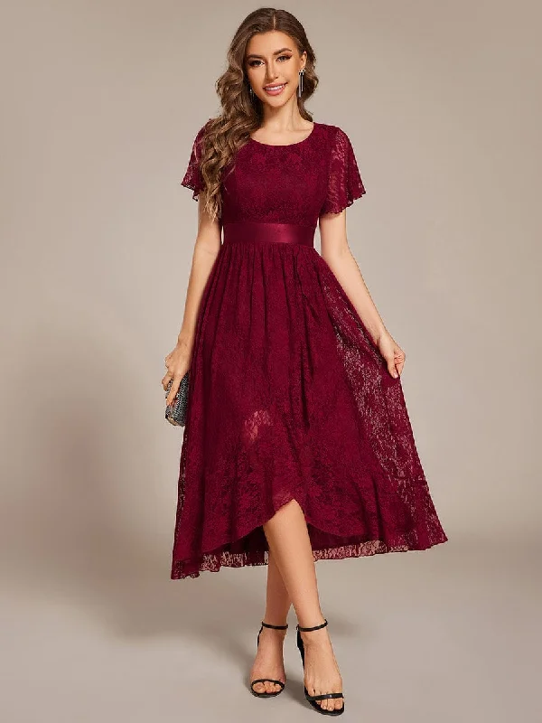 Business Casual Outfits Short Sleeve Ruffled Empire Waist Lace Midi Formal Dress