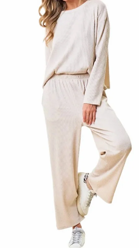 Chic Styles Ribbed Top And Pants Set In Natural