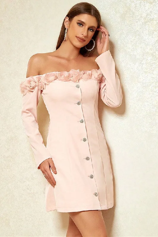 Bold Patterns Pink Rosette Off-the-Shoulder Bodycon Mini Dress