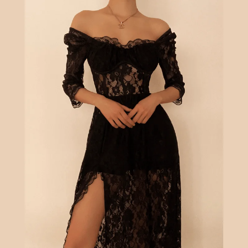 Shop Sales BerryBetty - Square neck hem lace slit long sleeve midi dress