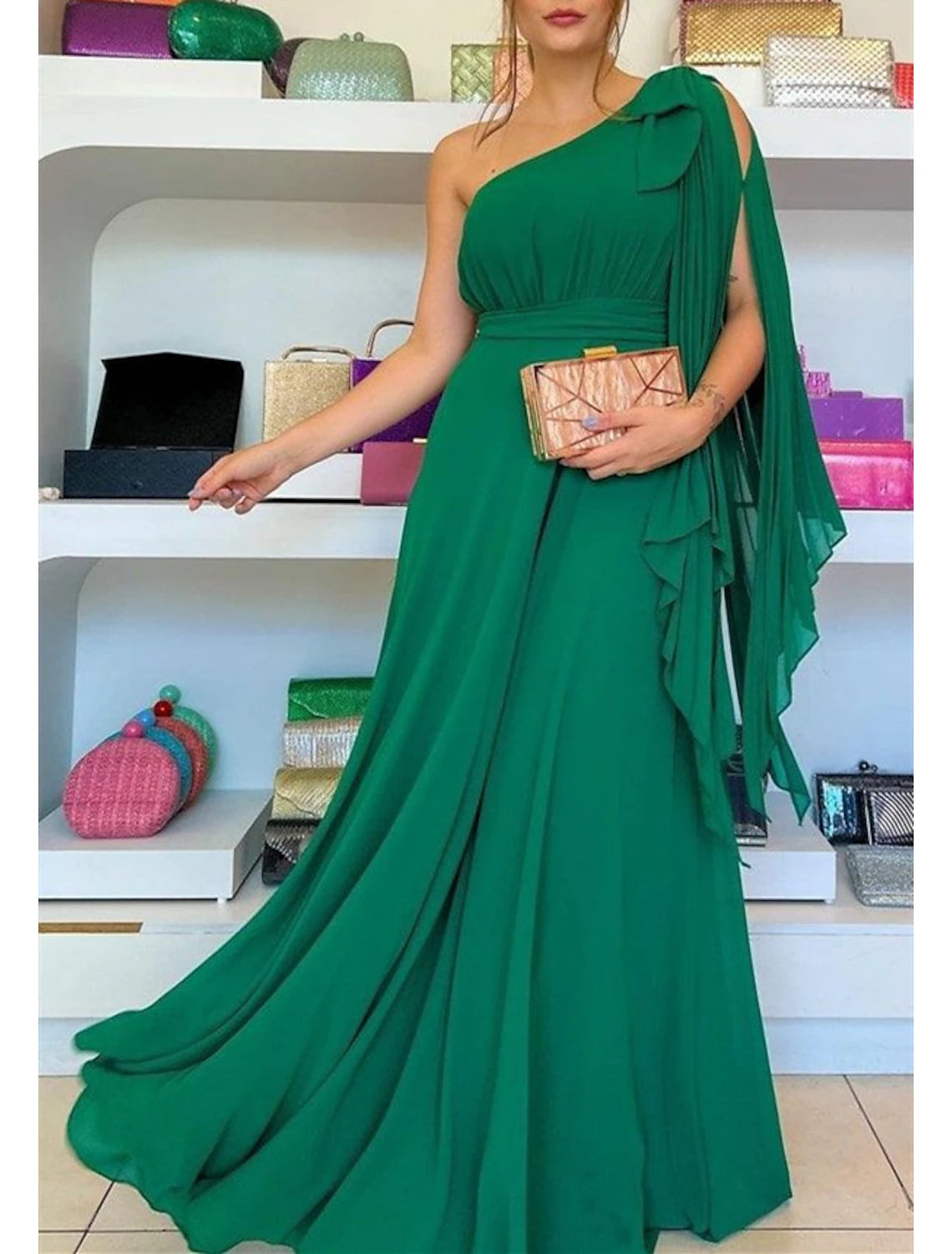 Dive Into Trendy Women's Fashion A-Line Evening Gown Party Dress Christmas Red Green Dress Elegant Formal Wedding Guest Sweep / Brush Train Sleeveless One Shoulder Capes Chiffon with Ruffles