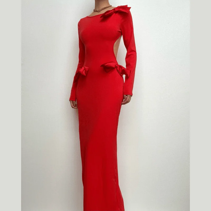 Low Price Special BerryBetty - Bowknot backless hollow out solid long sleeve maxi dress