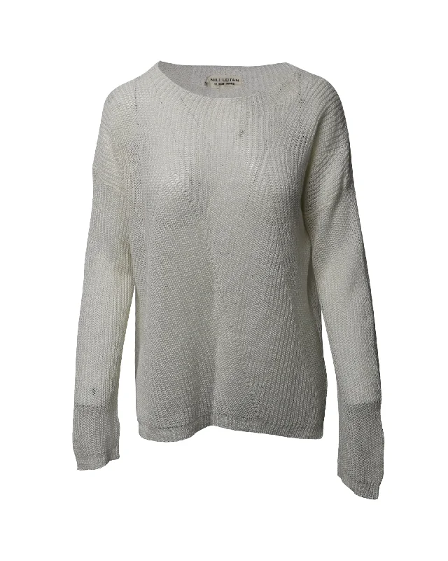 Last Chance Sale Nili Lotan Knitted Mesh Sweater in White Linen