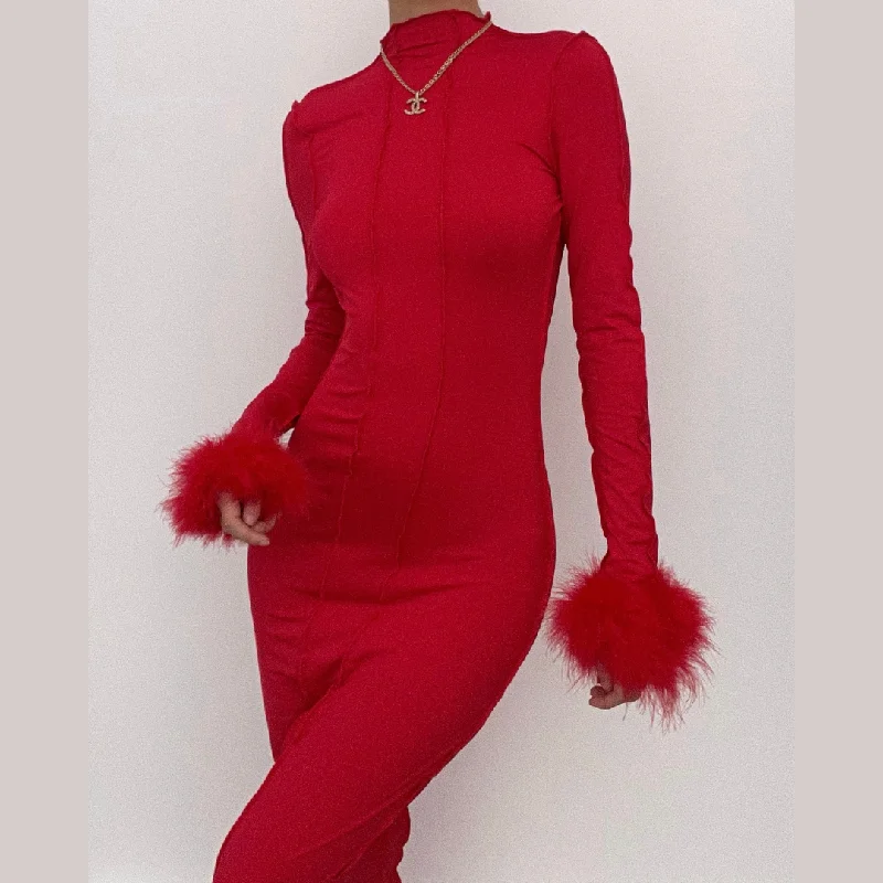 Hurry Before It's Gone BerryBetty - Long sleeve solid feather ruffle high neck backless midi dress