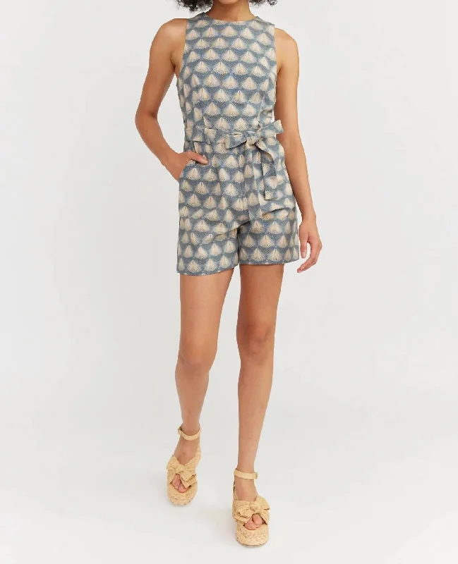 Limited Time Special Offer Novelty Geo Linen Tie Waist Romper In Blue Natural